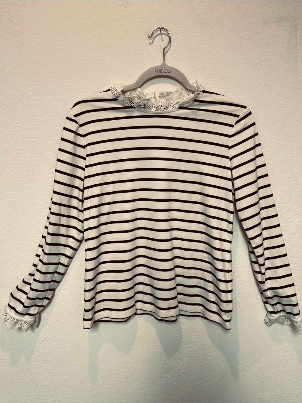 Talbots 100% Cotton White and Black Striped Lace-Trim Long Sleeve Top